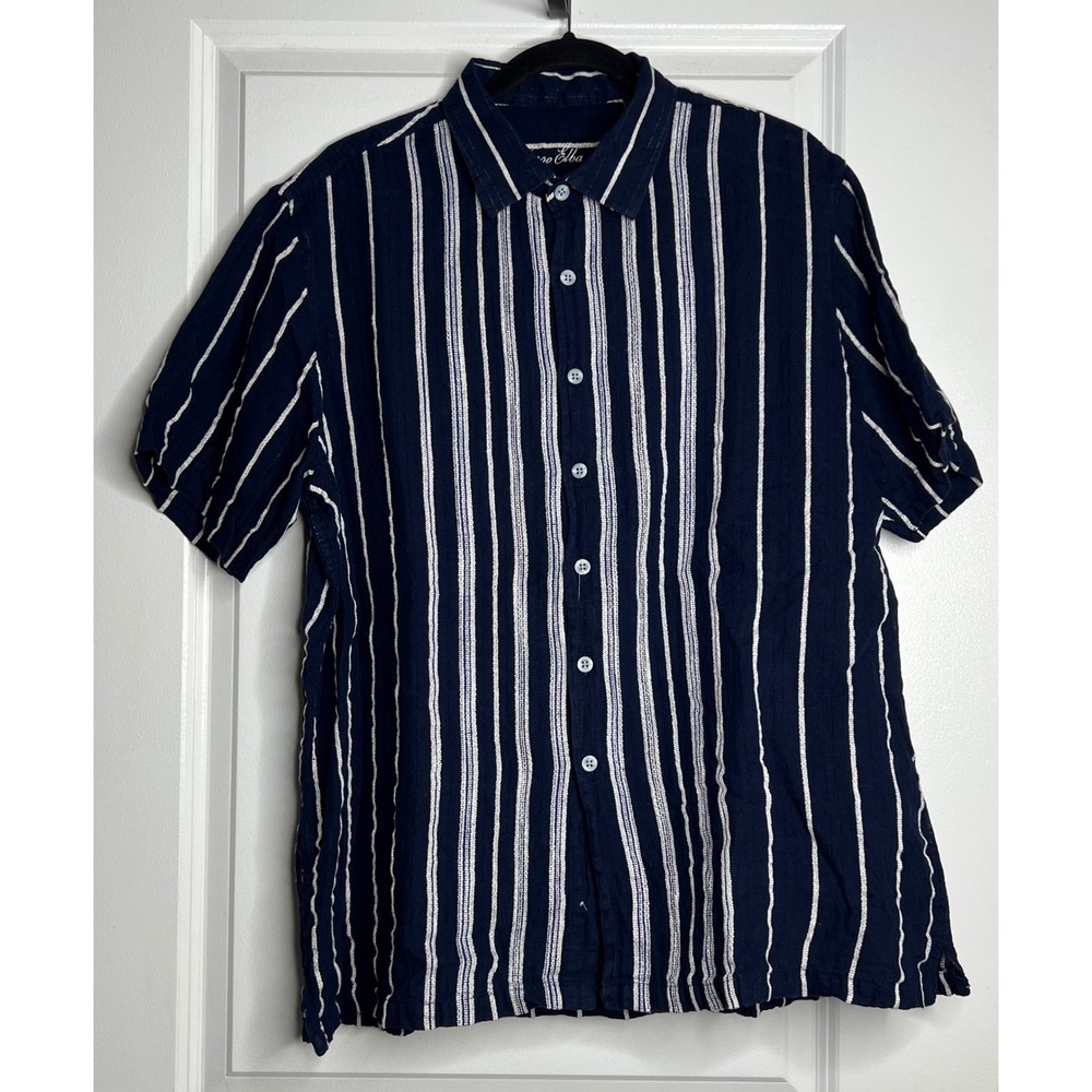 Tasso Elba Mens XL Navy White Striped Linen Blend Short Sleeve Button Up FLAW